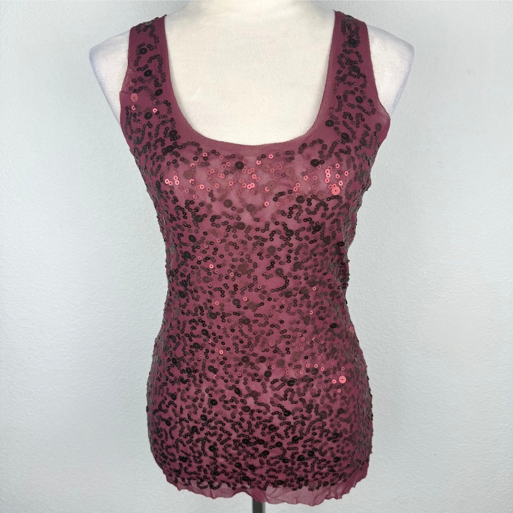 Y2K Max Studio Womens Burgundy Sequin Mesh Tank Top Scoop Neck Wine Size Large